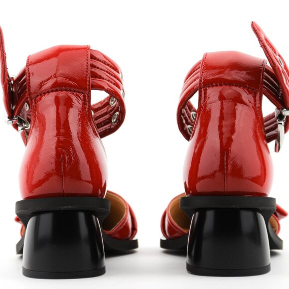 Like new Ganni Feminine Buckle Open Cut Pump Racing Red leather block heel - Picture 10 of 10